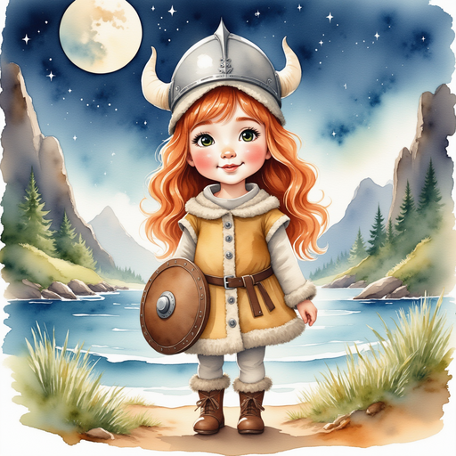 Show Bolda the Bright standing by the sparkling shoreline with her helmet glinting under the moon. In the background, towering cliffs guarded the fjord.