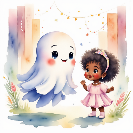 Show Glimmer Puff and Princess Zoombella - who is black - waving happily at a neighbor. In the background, tall buildings and twinkling lights
