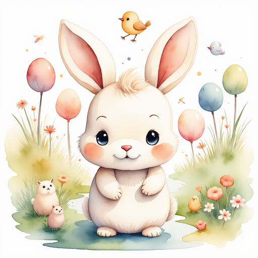 Rini the bunny teaming up with a cheerful bird, as various forest animals bring their unique ingredients. In the background, a bustling scene with a mix of animals amid grassy riverbanks and wildflowers.