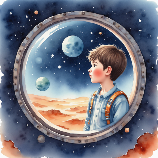 Lee looking out of the rocket window at the stars and Mars.