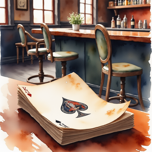 A worn deck of playing cards with curled edges rests on the bar’s scratched surface. In the background, a few dusty stools stand empty beside the bar.