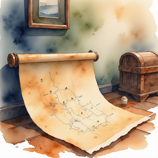 A rolled-up map with faded runes rests near the wooden chest. In the background, flickering shadows dance across the wall