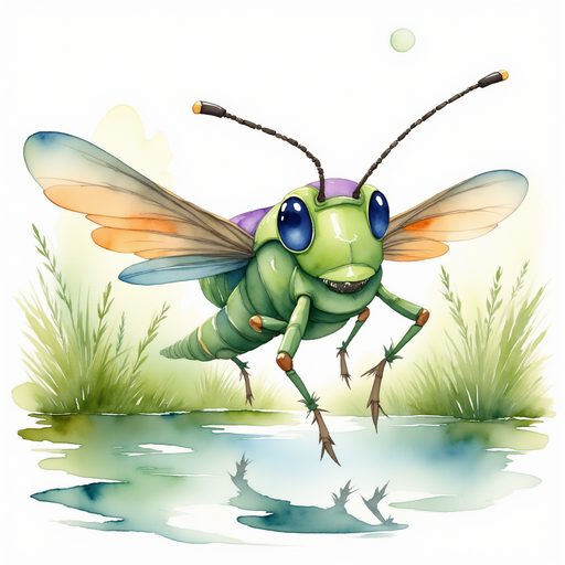 Buzzywhirl hovers near the pond, holding small metal gears. In the background, tall grass sways gently