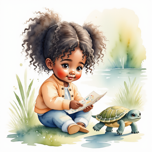 Amber eagerly solving a math puzzle next to Bonnie the Turtle at the pond's edge. In the background, the water is glistening with magical reflections.