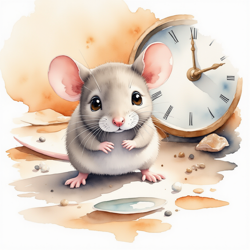 Illustrate the mouse splashing down into a small puddle at the base of the clock. A cluttered room with scattered papers and objects.