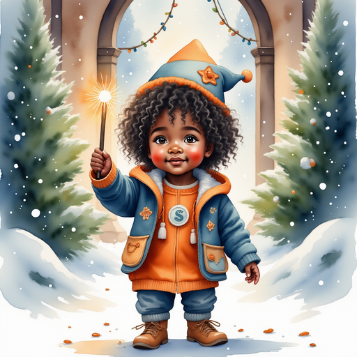 Zippy stands by his front door, holding his wand up and smiling at the festive lights. In the background, tall evergreens covered in snow
