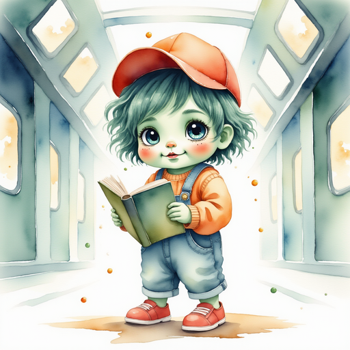 Zigzag Zander holds a small puzzle book. In the background, softly glowing station lights glimmer overhead. In the background, softly glowing station lights glimmer overhead.