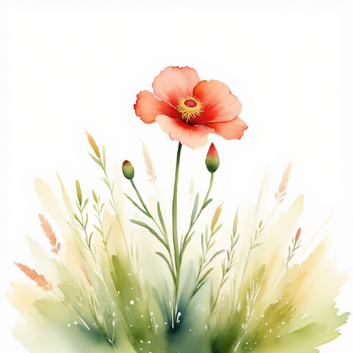 A single, bright red wildflower stands in bloom. In the background, dewy grass
