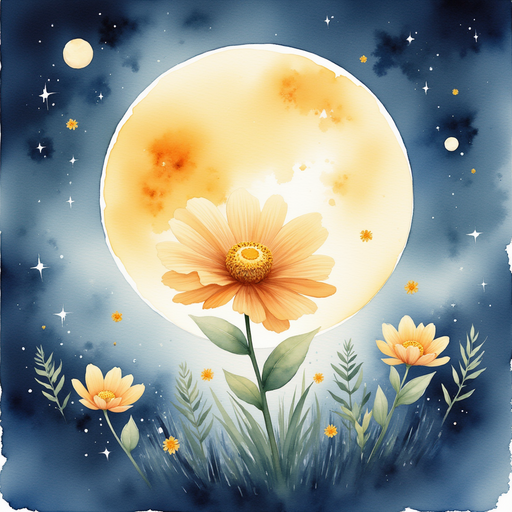 A soft golden glow emanates from the Moon in the shape of a flower. In the background, silhouettes of fireflies and a moonlit field.