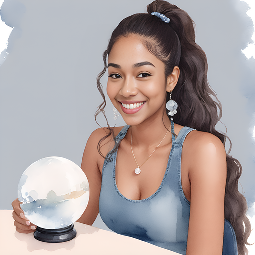 Ahgaddes portrait close-up long wavy ponytail wearing a tank top and denim jeans smiling sitting at table with crystal ball