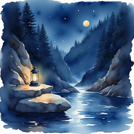 A bright lantern perched on the flat rock, shining like a tiny star. In the background a faint glow from the lantern reflects on the rocky bank