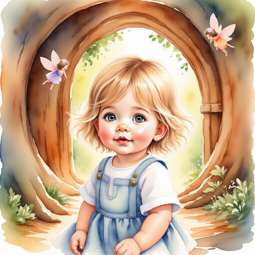 Rose looks amazed as fairies twinkle around her in a cozy room inside the tree. Warm, glowing walls made of wood inside a tree.