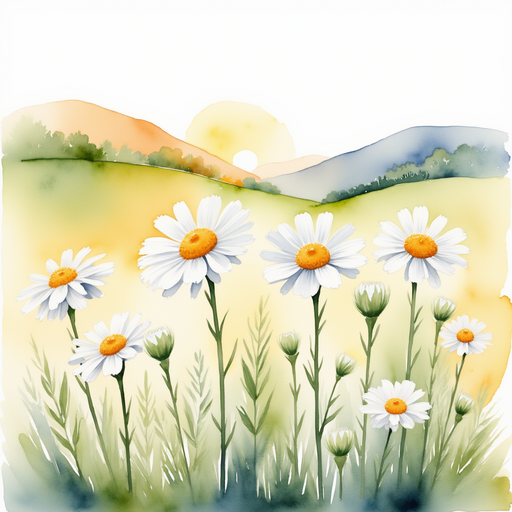 Show white daisies still closing their petals. In the background, a warm sun peeks over the hills.
