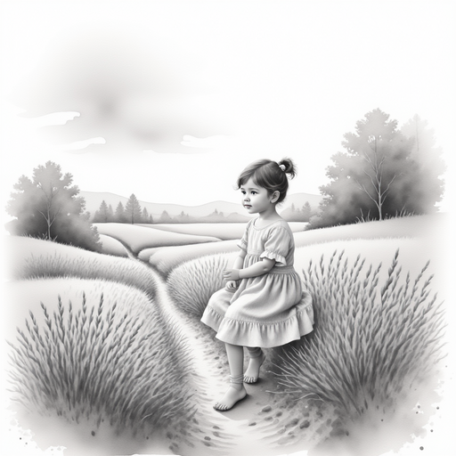 Sofia sitting alone, looking at a black and white landscape.