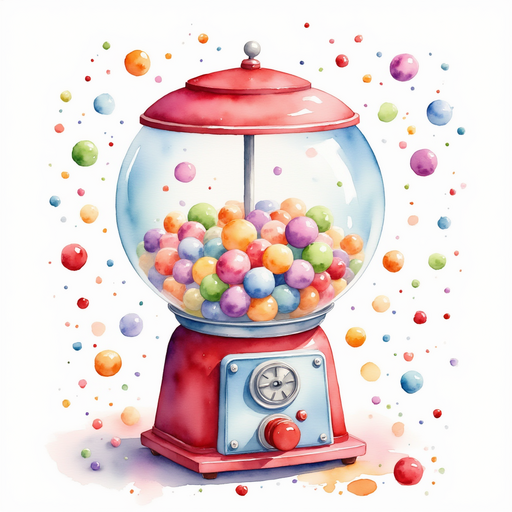 Show the candy machine blasting bright candies. In the background, swirly confetti shapes