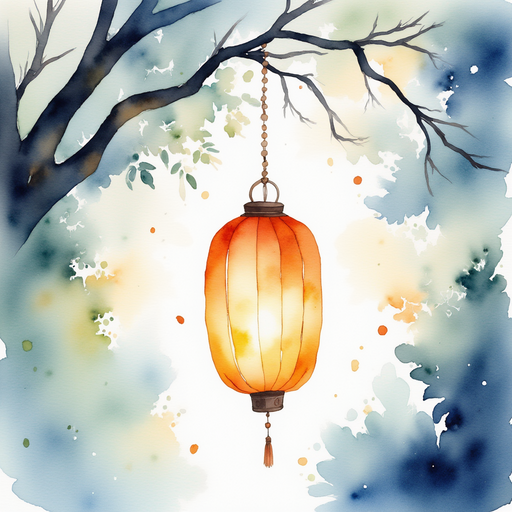 Show the glowing lantern swinging in the breeze. In the background, shadows dancing among twisted branches.