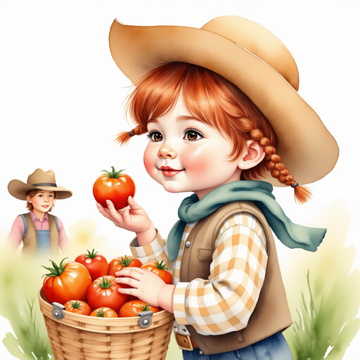 Calamity Kate gently places a bright tomato into a basket. In the background, a friendly farmer smiles.