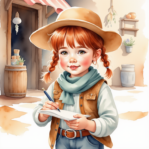 Calamity Kate jotting notes on the corner of a large map In the background, shelves of goods and small barrels by the shop stall