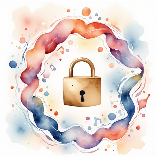 Colorful, twisted ribbons of music loop around a tiny puzzle lock. In the background, faintly glowing shapes and curls of color.