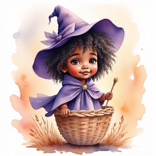 Show Willow Charms - who is black - is inside the basket, wand in hand. In the background, a glowing sunset sky.
