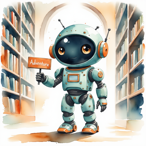 Blinky Sparx pointing to a big sign with the word 'Adventure'. In the background, tall shelves arch over a wide reading aisle.