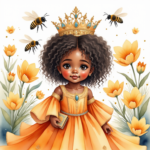 Show Queen Neena bowing her head to the bees. In the background stands tall, magical flowers.