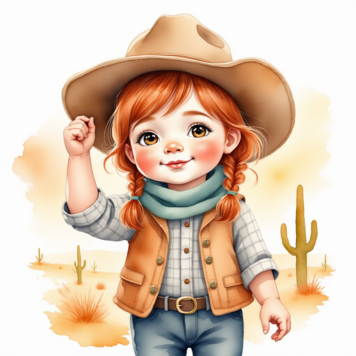 Show Calamity Kate holding her hat tightly against the breeze In the background, the desert stretches toward sunset