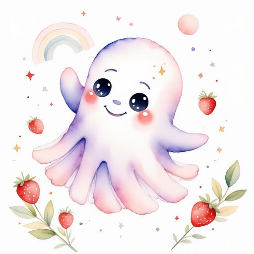 Glimmer Puff floating near a cluster of red strawberries, giggling. In the background, a small rainbow arches over the garden