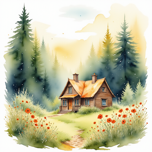 Illustrate the cozy cottage surrounded by wildflowers at the edge of the enchanted forest. In the background, tall mystical trees stand silhouetted against a golden sky.