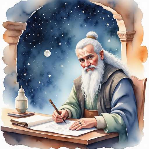 The wise sage sits at a simple desk, writing on a long scroll. In the background, swirling patterns of stars are etched into the walls.