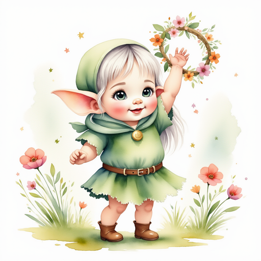 Flicker lifts a flower ring high above her head. In the background, a tiny fountain bubbles.