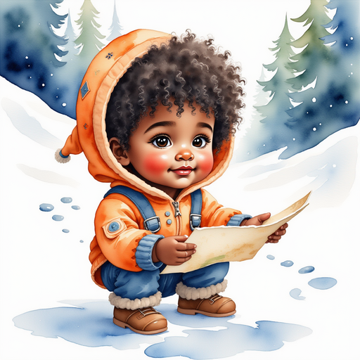 Zippy kneels in the snow, holding the map with puzzlement on his face. In the background, tall evergreens and footprints in the snow